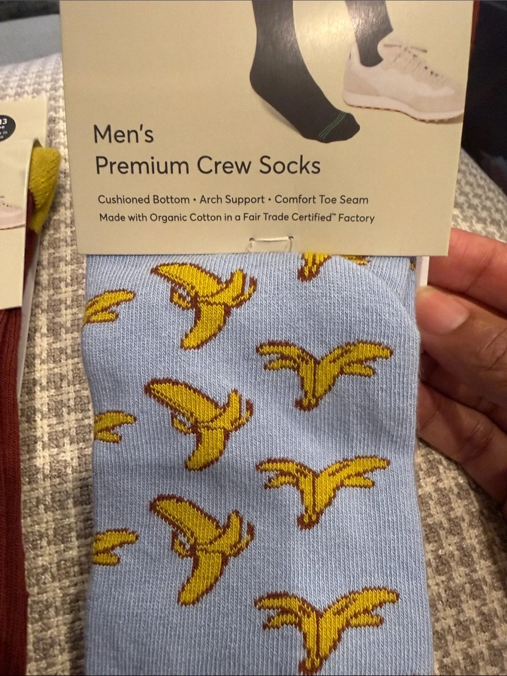 Pact Men's Organic Cotton Blend Crew Socks — Maroon & Light Blue Banana Print